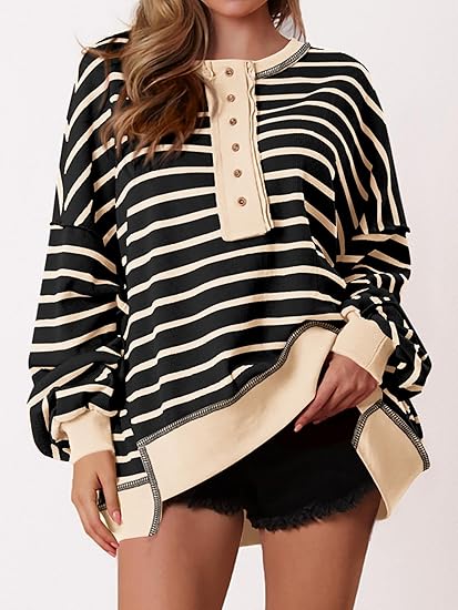 Womens Fall 2025 Striped Oversized Sweatshirt Long Sleeve Button Up Henley Neck Waffle Knit Pullover Tunic Tops