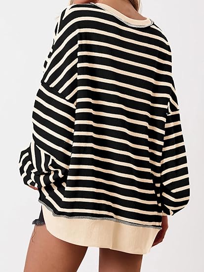 Womens Fall 2025 Striped Oversized Sweatshirt Long Sleeve Button Up Henley Neck Waffle Knit Pullover Tunic Tops