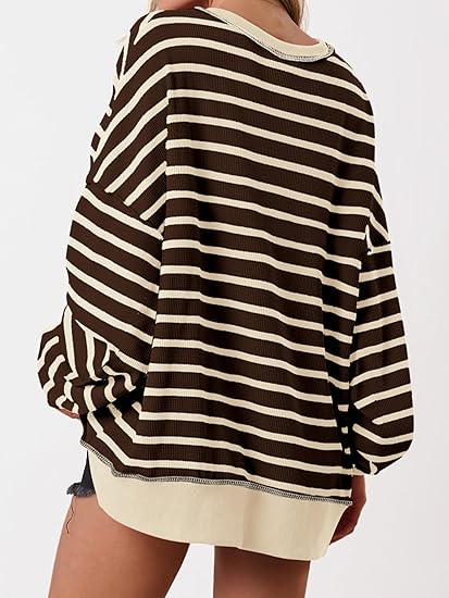 Womens Fall 2025 Striped Oversized Sweatshirt Long Sleeve Button Up Henley Neck Waffle Knit Pullover Tunic Tops