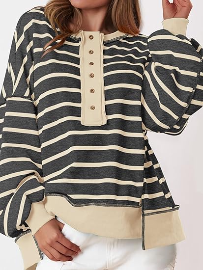 Womens Fall 2025 Striped Oversized Sweatshirt Long Sleeve Button Up Henley Neck Waffle Knit Pullover Tunic Tops