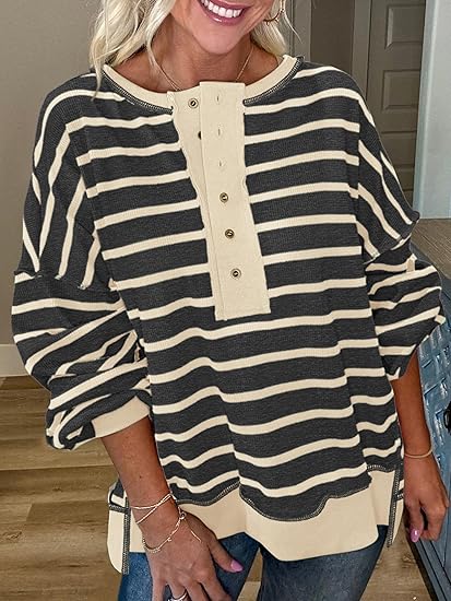 Womens Fall 2025 Striped Oversized Sweatshirt Long Sleeve Button Up Henley Neck Waffle Knit Pullover Tunic Tops