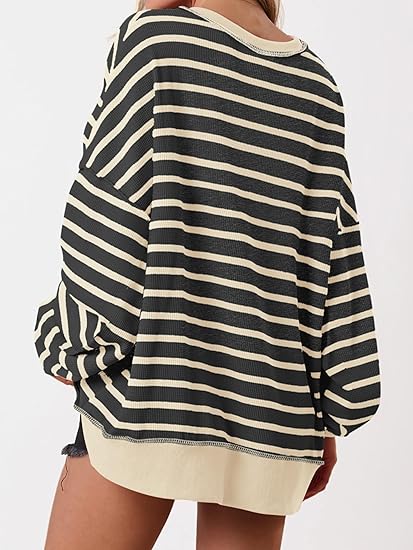 Womens Fall 2025 Striped Oversized Sweatshirt Long Sleeve Button Up Henley Neck Waffle Knit Pullover Tunic Tops
