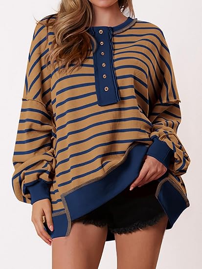 Womens Fall 2025 Striped Oversized Sweatshirt Long Sleeve Button Up Henley Neck Waffle Knit Pullover Tunic Tops