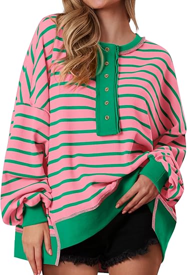 Womens Fall 2025 Striped Oversized Sweatshirt Long Sleeve Button Up Henley Neck Waffle Knit Pullover Tunic Tops