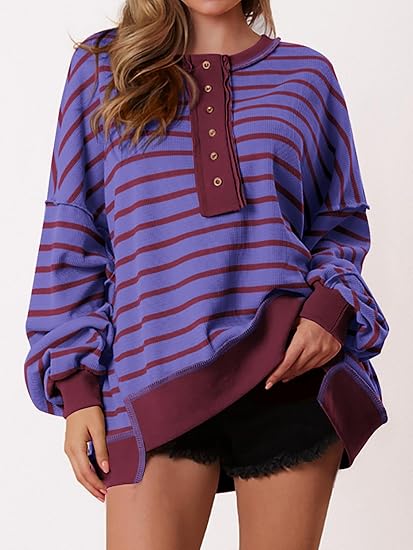 Womens Fall 2025 Striped Oversized Sweatshirt Long Sleeve Button Up Henley Neck Waffle Knit Pullover Tunic Tops