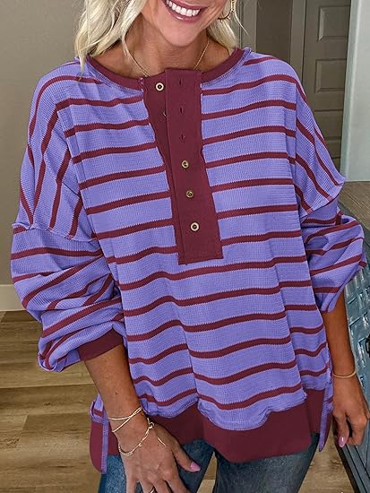 Womens Fall 2025 Striped Oversized Sweatshirt Long Sleeve Button Up Henley Neck Waffle Knit Pullover Tunic Tops