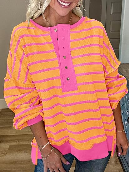 Womens Fall 2025 Striped Oversized Sweatshirt Long Sleeve Button Up Henley Neck Waffle Knit Pullover Tunic Tops