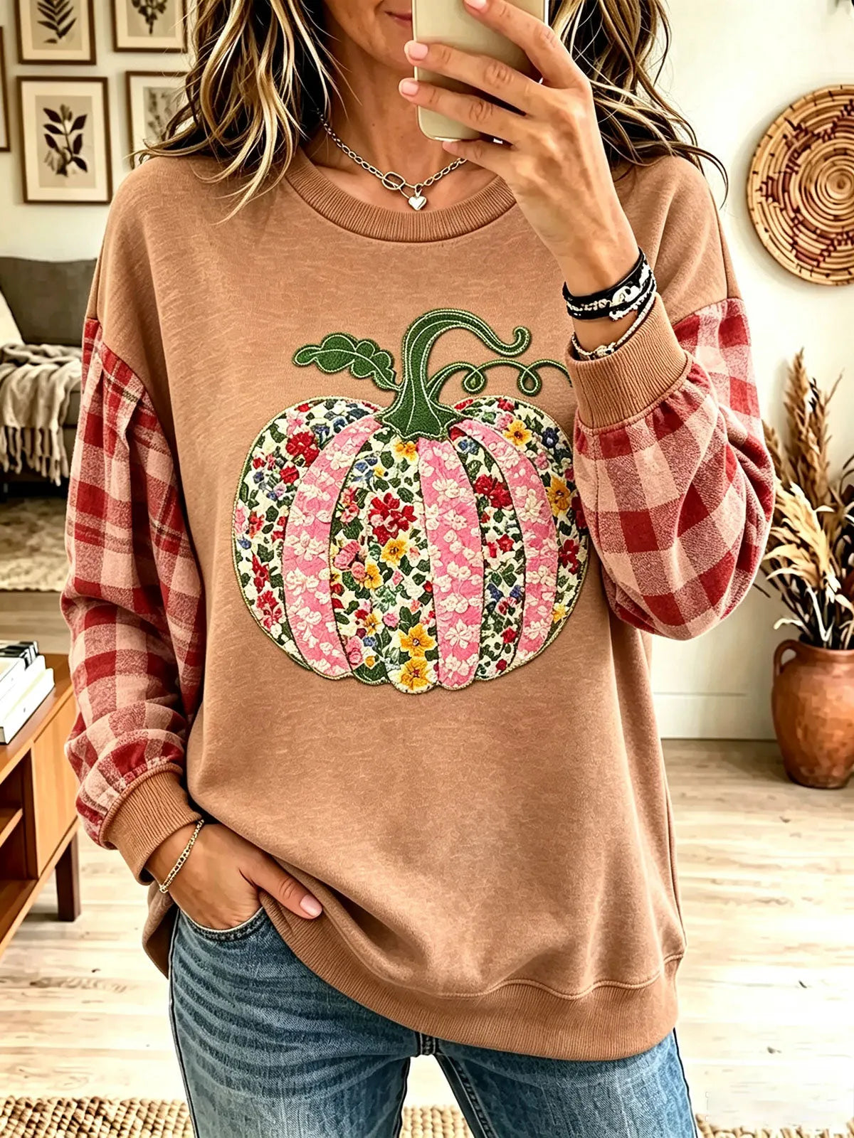 Women Floral Patchwork Pumpkin Plaid Splice Crewneck Fall Sweatshirt
