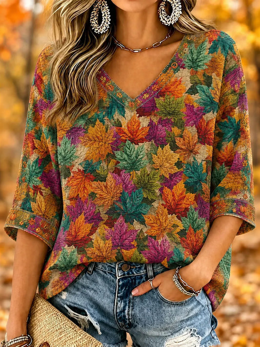 Women's Vintage Boho Fall Maple Leaf Print Art Flowy Linen Blend V‐neck 3/4 Sleeve Top
