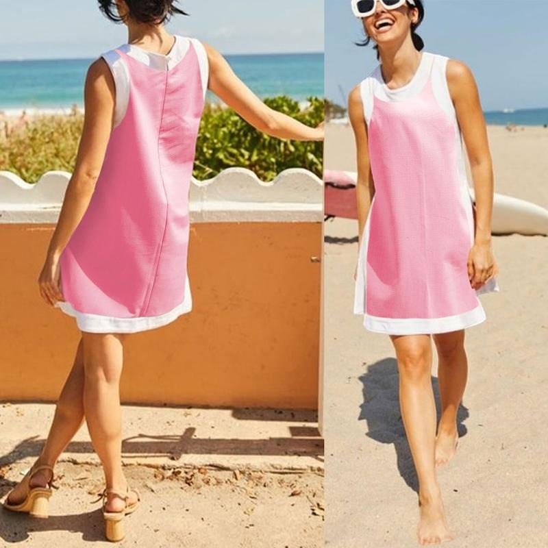 Two Piece Sets Color Block Crewneck Sleeveless Pullover Tops Matching Shorts With Pockets