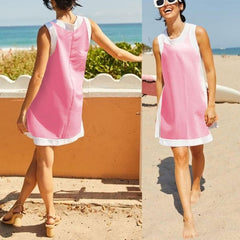 Two Piece Sets Color Block Crewneck Sleeveless Pullover Tops Matching Shorts With Pockets