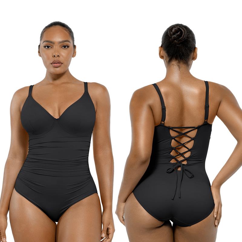 Women's Smart Sculpt Shaping Swimsuit U-Ring Cut Out Slimming Swimwear One Piece Tummy Tucking Bathing Suit
