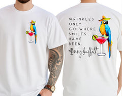 Wrinkles Only Go Where Smiles Have Been - Tropical Palm Tree Parrot Jimmy Buffett Memorial T-Shirt