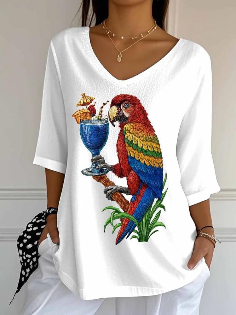 Women's Retro Parrot Margarita Print Mid Sleeve T-Shirt