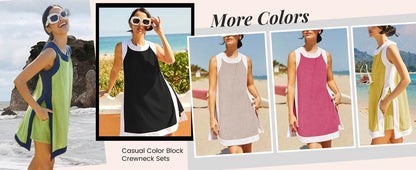 Two Piece Sets Color Block Crewneck Sleeveless Pullover Tops Matching Shorts With Pockets
