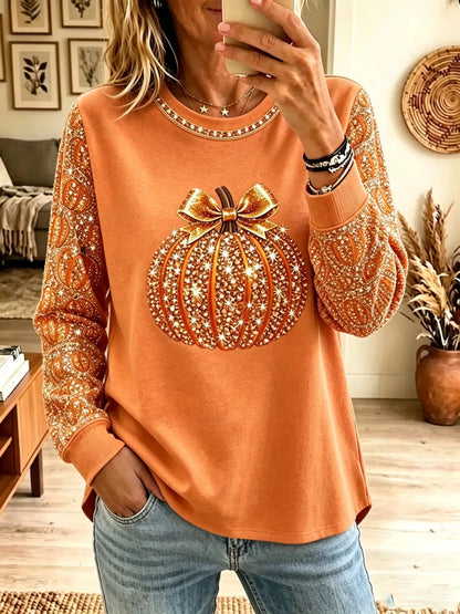 Women's Glitter Bow Pumpkin Print Long-Sleeve Sweatshirt