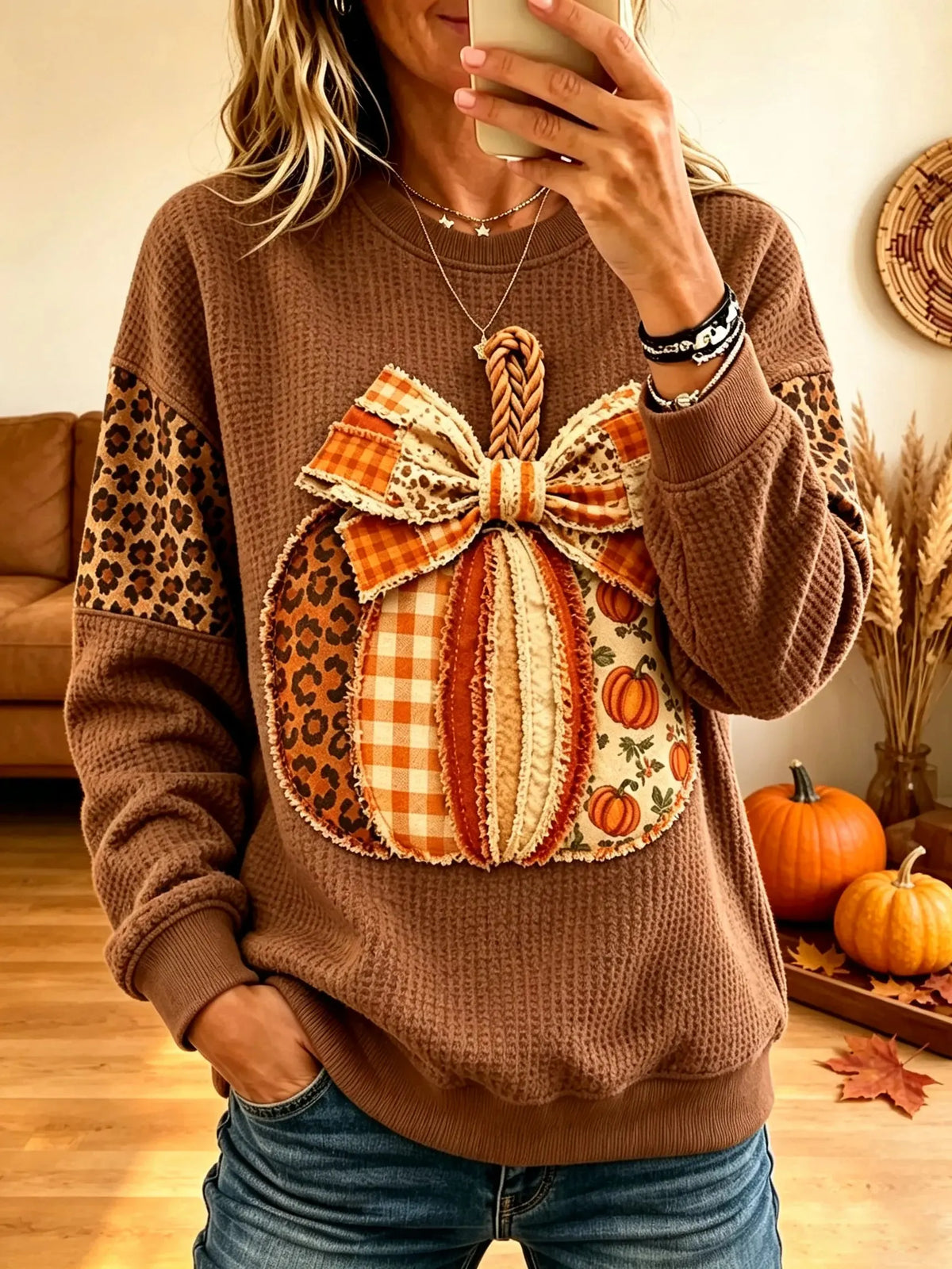 Women's Gingham Leopard Patchwork Pumpkin Waffle Sweatshirt
