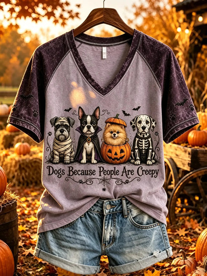 Women's Halloween Costumed Dogs Graphic V-Neck T-Shirt