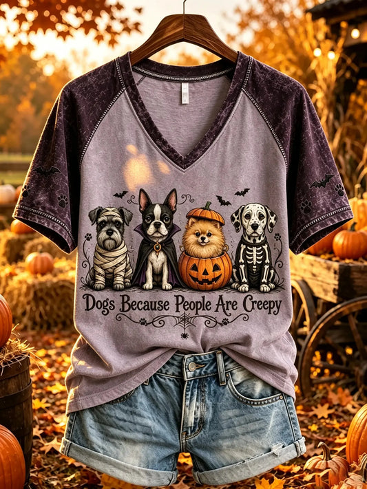Women's Halloween Costumed Dogs Graphic V-Neck T-Shirt