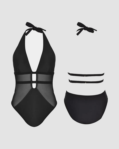 Mesh Deep V Halter One Piece Swimsuit