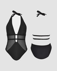 Mesh Deep V Halter One Piece Swimsuit