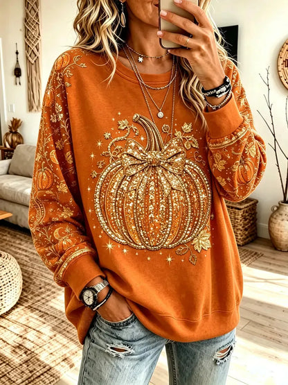 Retro Autumn Pumpkin Pattern Art Print Casual Long Sleeve Sweatshirt