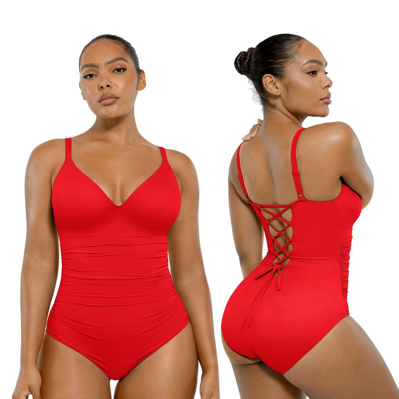 Women's Smart Sculpt Shaping Swimsuit U-Ring Cut Out Slimming Swimwear One Piece Tummy Tucking Bathing Suit