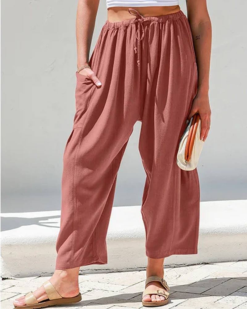 Womens Linen Wide Leg Pants Casual Loose Beach Palazzo Harem Pants with Pockets