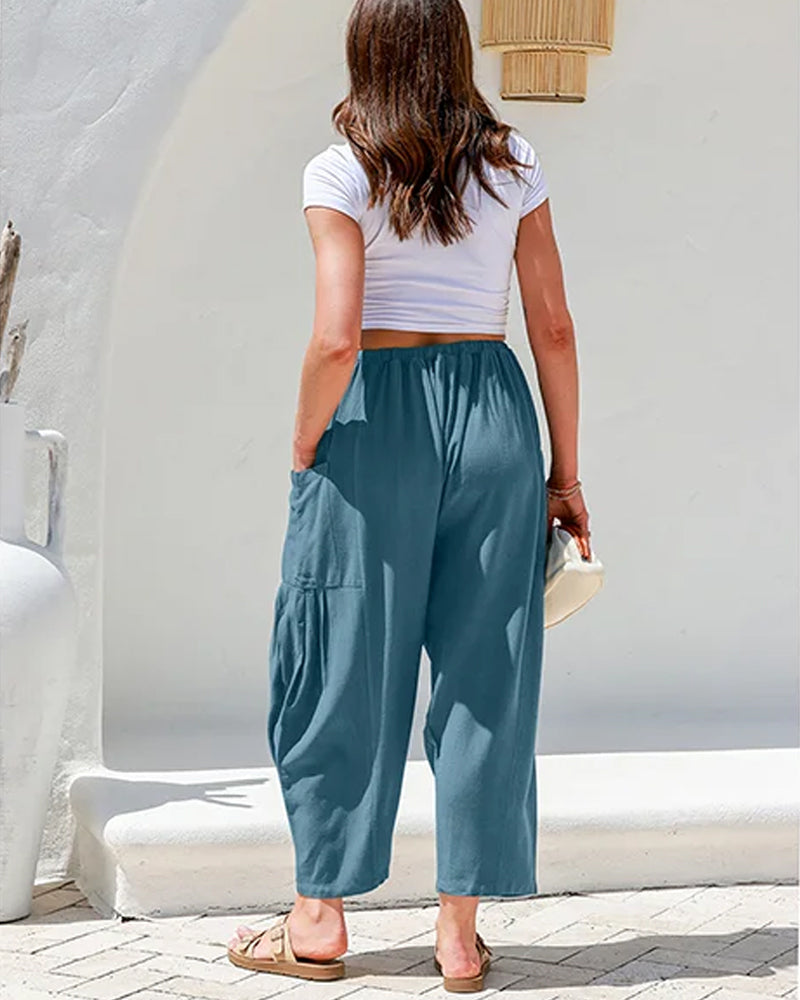 Womens Linen Wide Leg Pants Casual Loose Beach Palazzo Harem Pants with Pockets