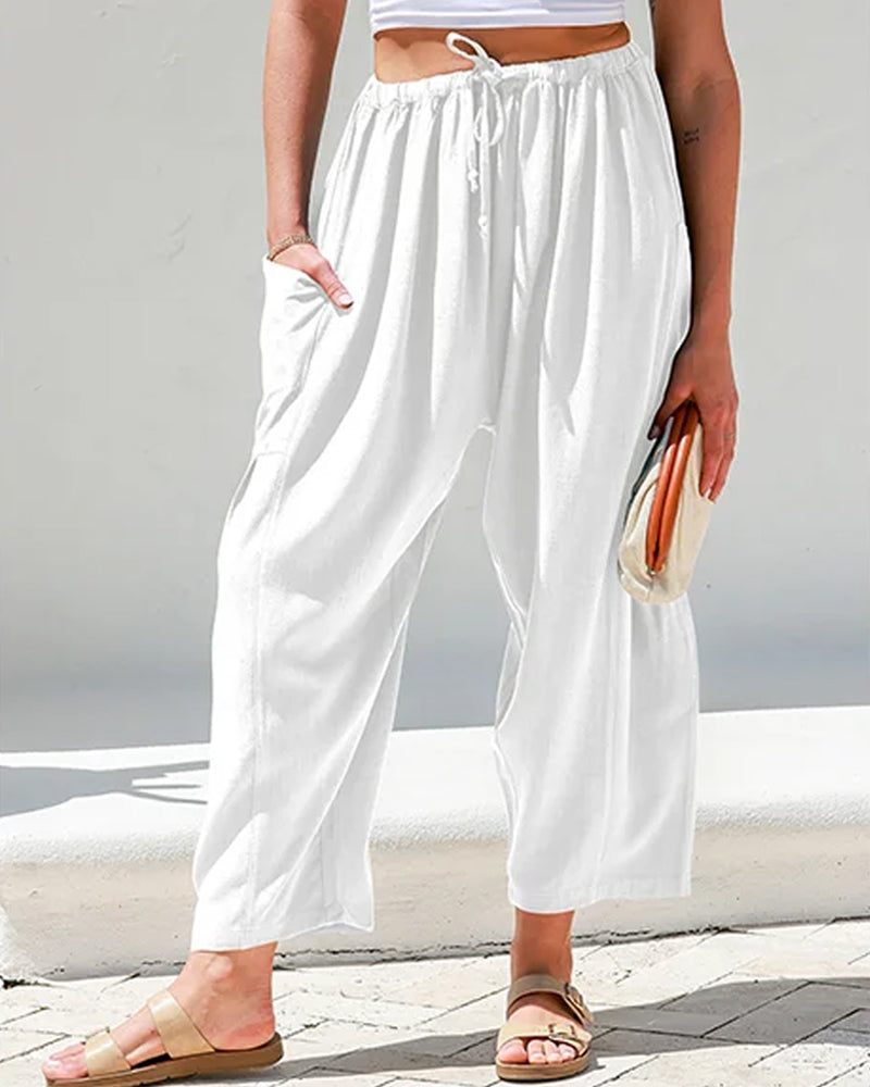 Womens Linen Wide Leg Pants Casual Loose Beach Palazzo Harem Pants with Pockets