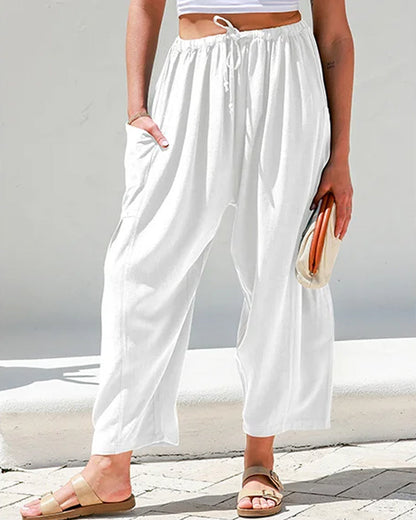 Womens Linen Wide Leg Pants Casual Loose Beach Palazzo Harem Pants with Pockets