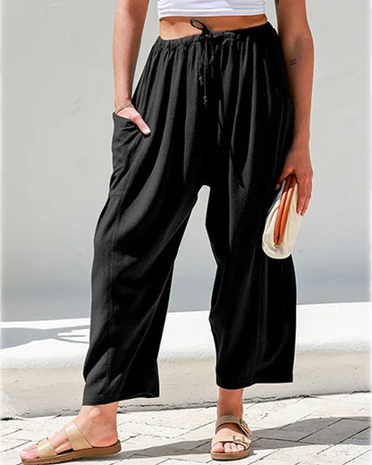 Womens Linen Wide Leg Pants Casual Loose Beach Palazzo Harem Pants with Pockets
