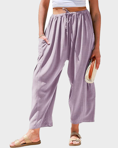 Womens Linen Wide Leg Pants Casual Loose Beach Palazzo Harem Pants with Pockets