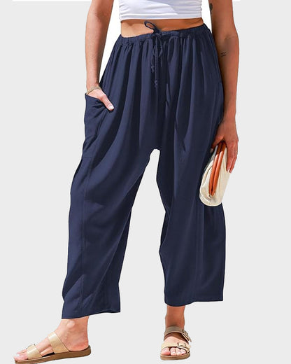 Womens Linen Wide Leg Pants Casual Loose Beach Palazzo Harem Pants with Pockets