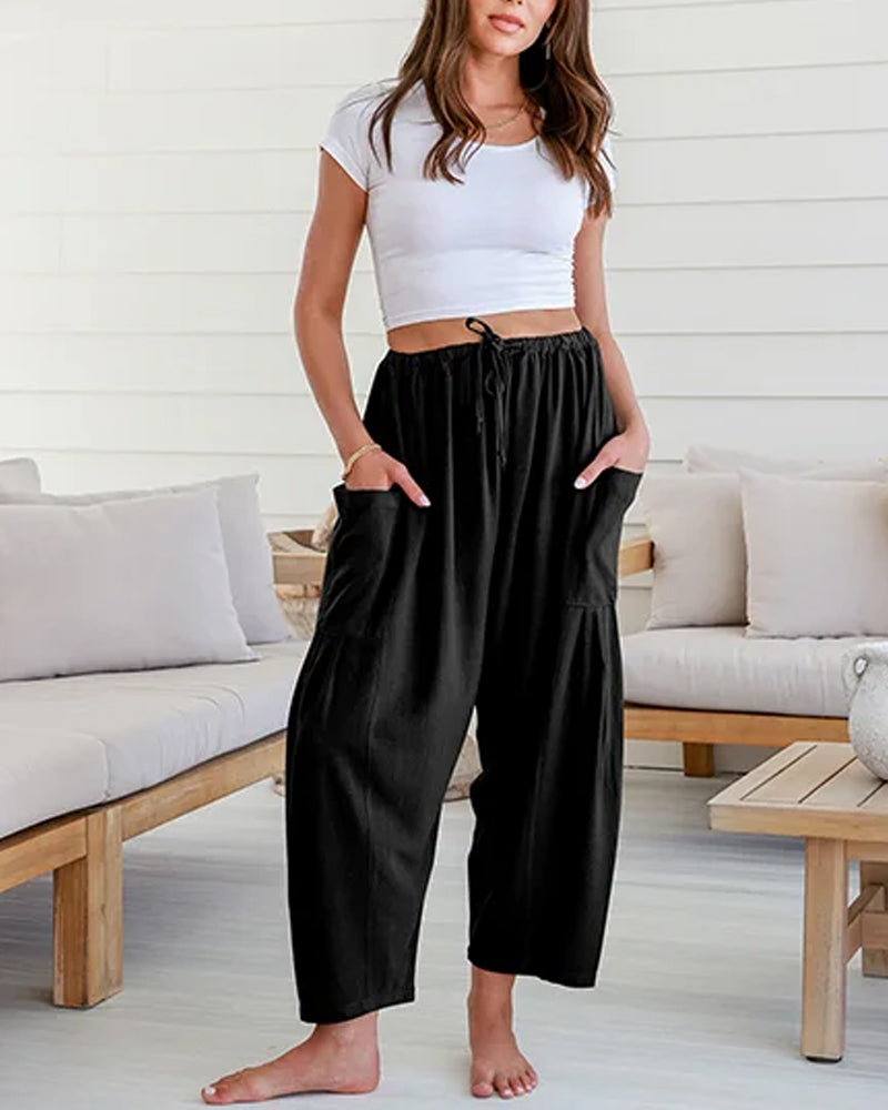Womens Linen Wide Leg Pants Casual Loose Beach Palazzo Harem Pants with Pockets