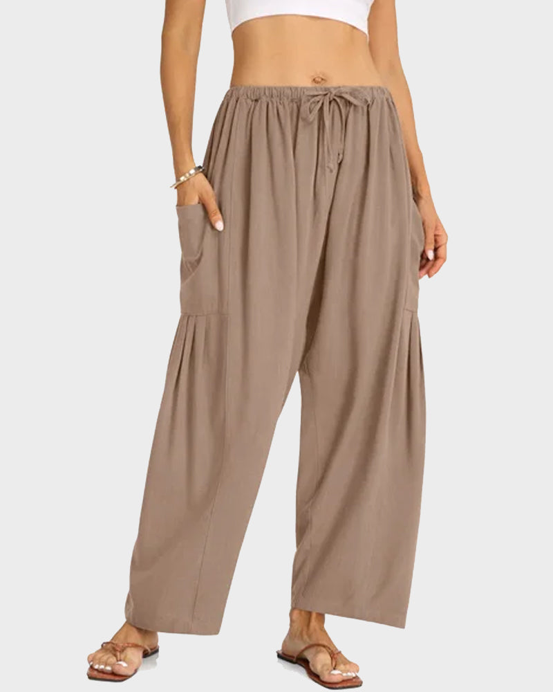 Womens Linen Wide Leg Pants Casual Loose Beach Palazzo Harem Pants with Pockets