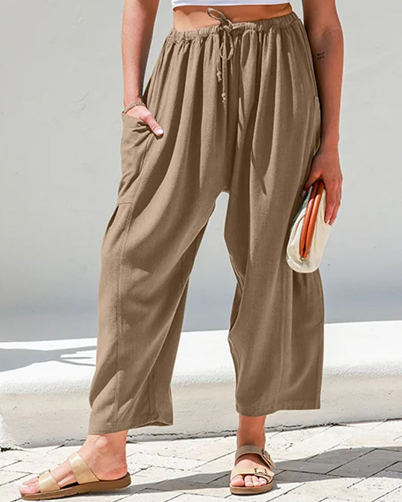 Womens Linen Wide Leg Pants Casual Loose Beach Palazzo Harem Pants with Pockets