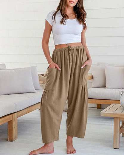 Womens Linen Wide Leg Pants Casual Loose Beach Palazzo Harem Pants with Pockets