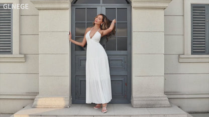 Maxi Beach Dress Boho Halter V Neck Backless Bow Dresses Flowy Trendy Ruffle Sundress for Women 2025