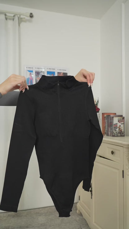 Bodysuits Sexy Ribbed One Piece Zip Front Long Sleeve Tops Bodysuits