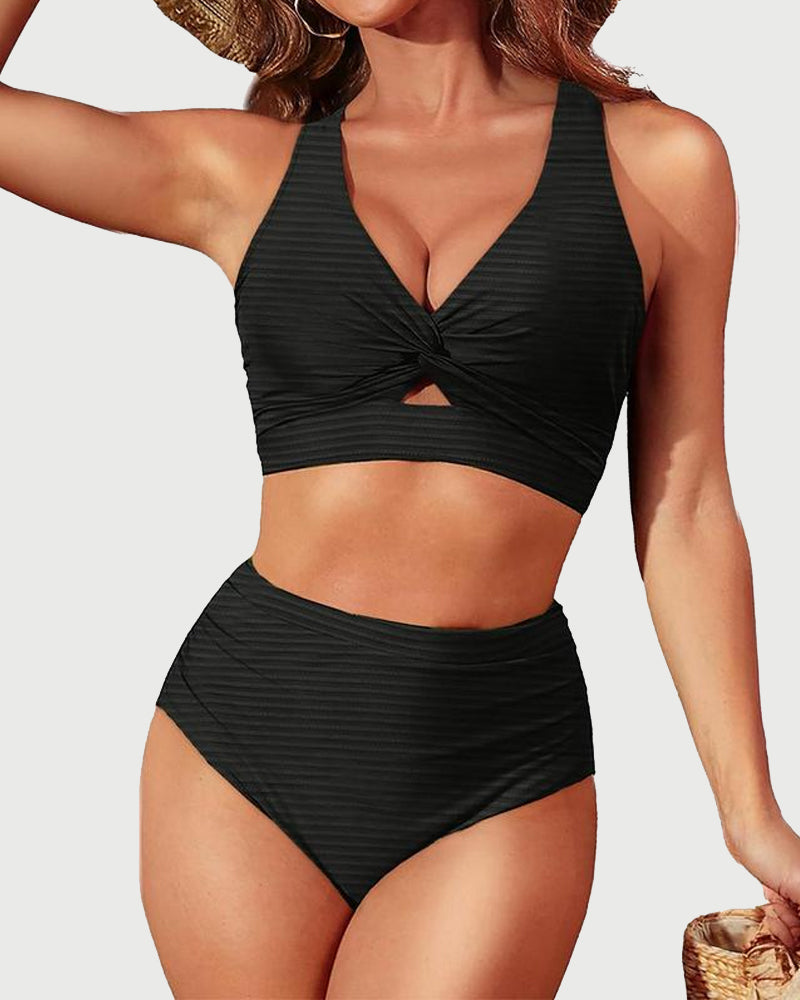 Textured Knot-Front High-Waisted Bikini Set