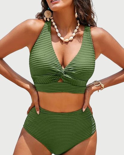 Textured Knot-Front High-Waisted Bikini Set